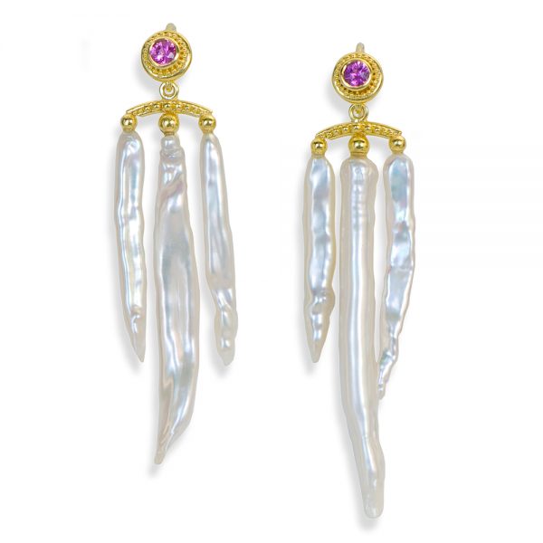 22kt gold granulation pearl sapphire earrings