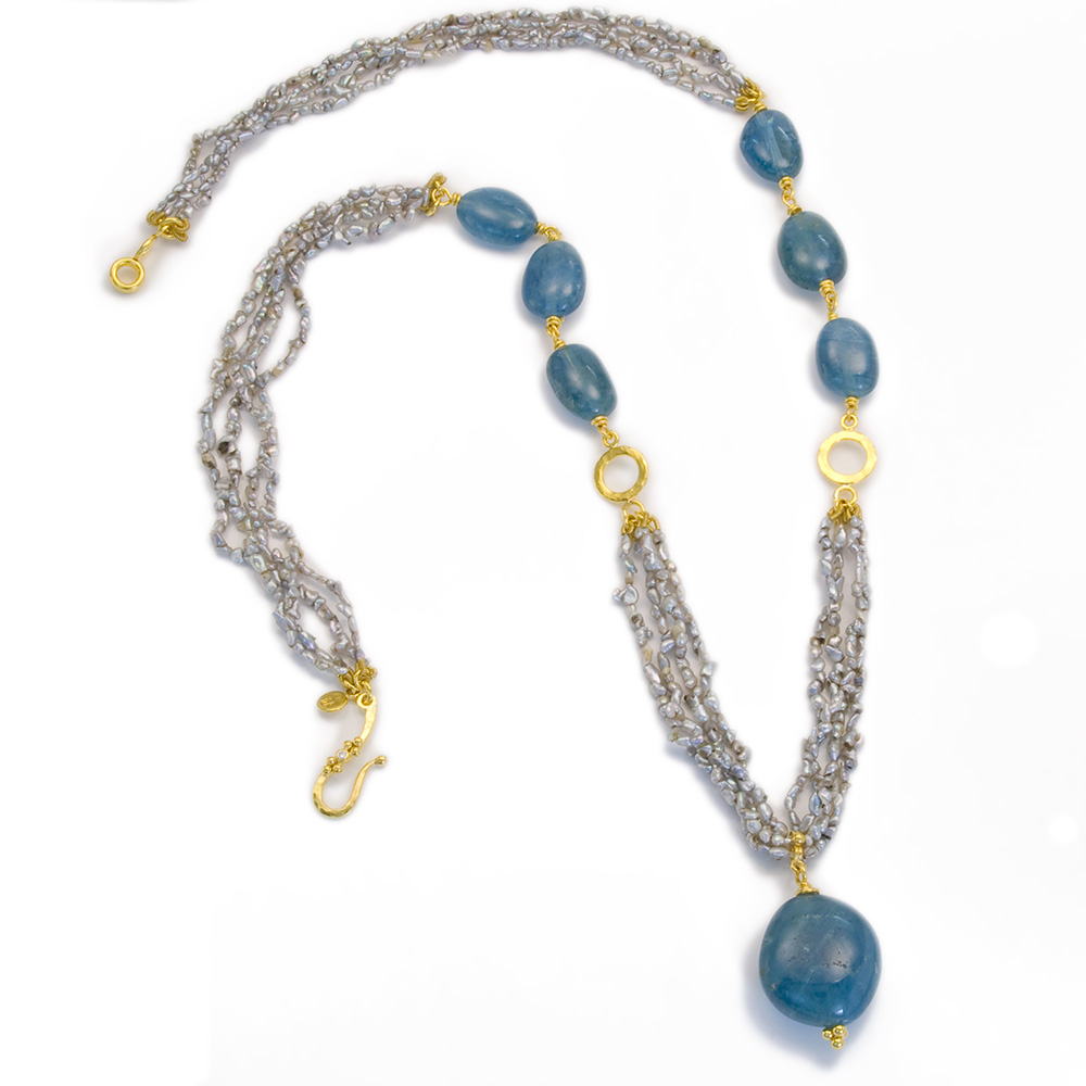 22kt gold granulation pearl aquamarine necklace