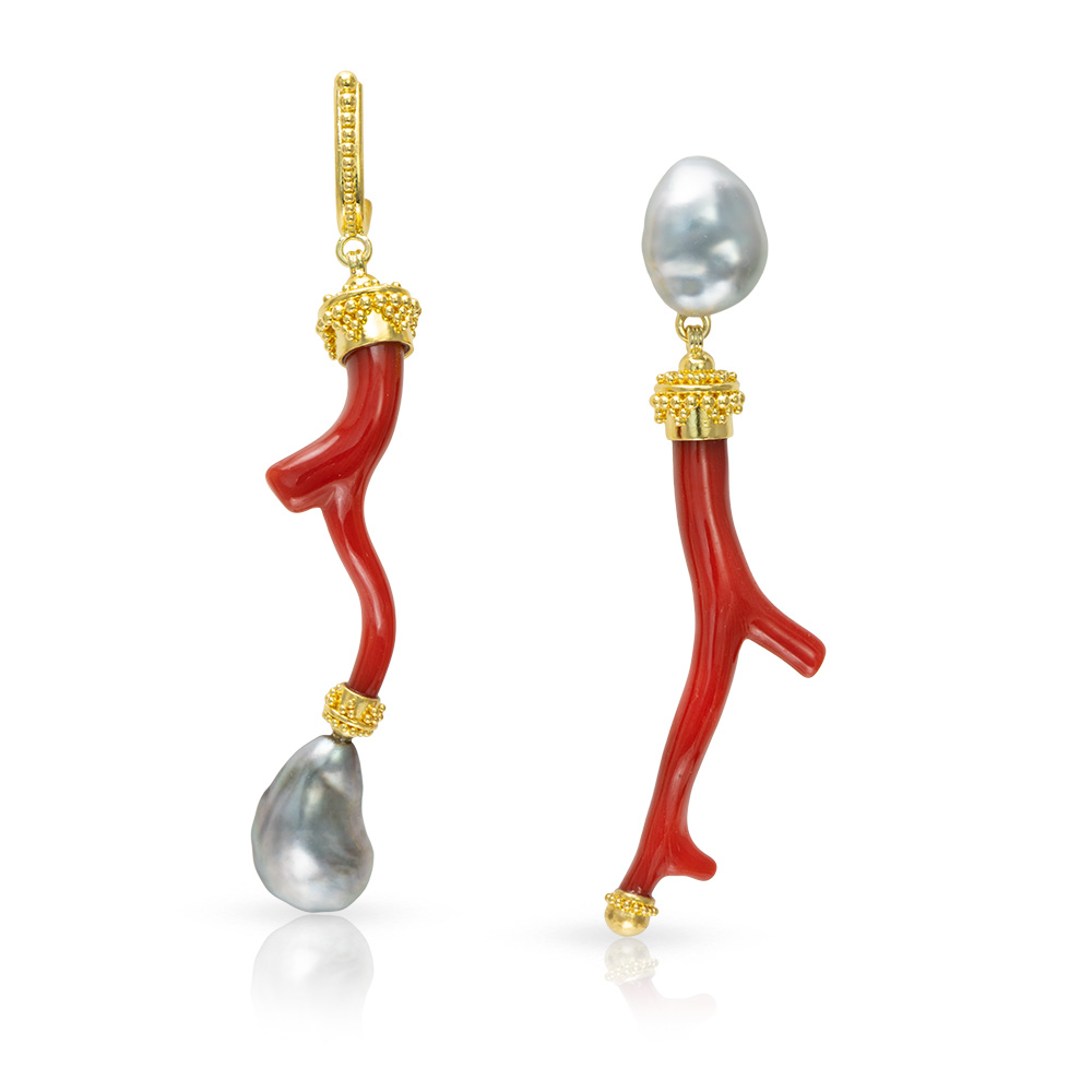 22kt gold granulation coral pearl earrings