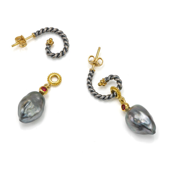 22kt gold granulation earrings with Tahitian pearls