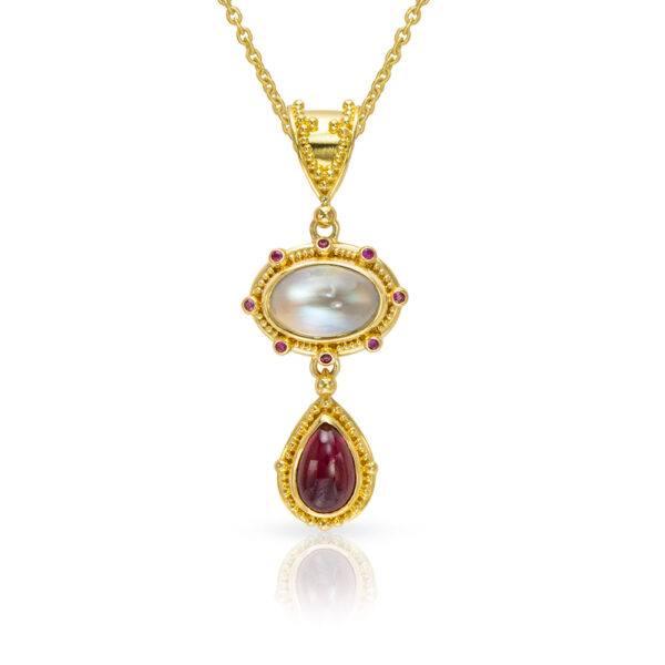 22kt gold granulation pendant with moonstone and tourmaline