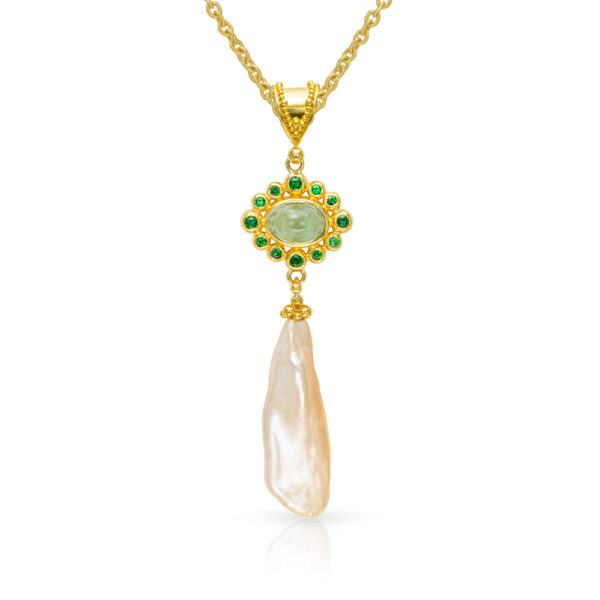 22kt granulation pendant with tourmaline, garnet and pearl