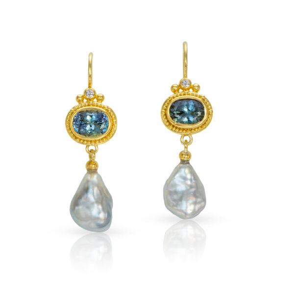 granulation 22kt yellow gold zoisite pearl earrings