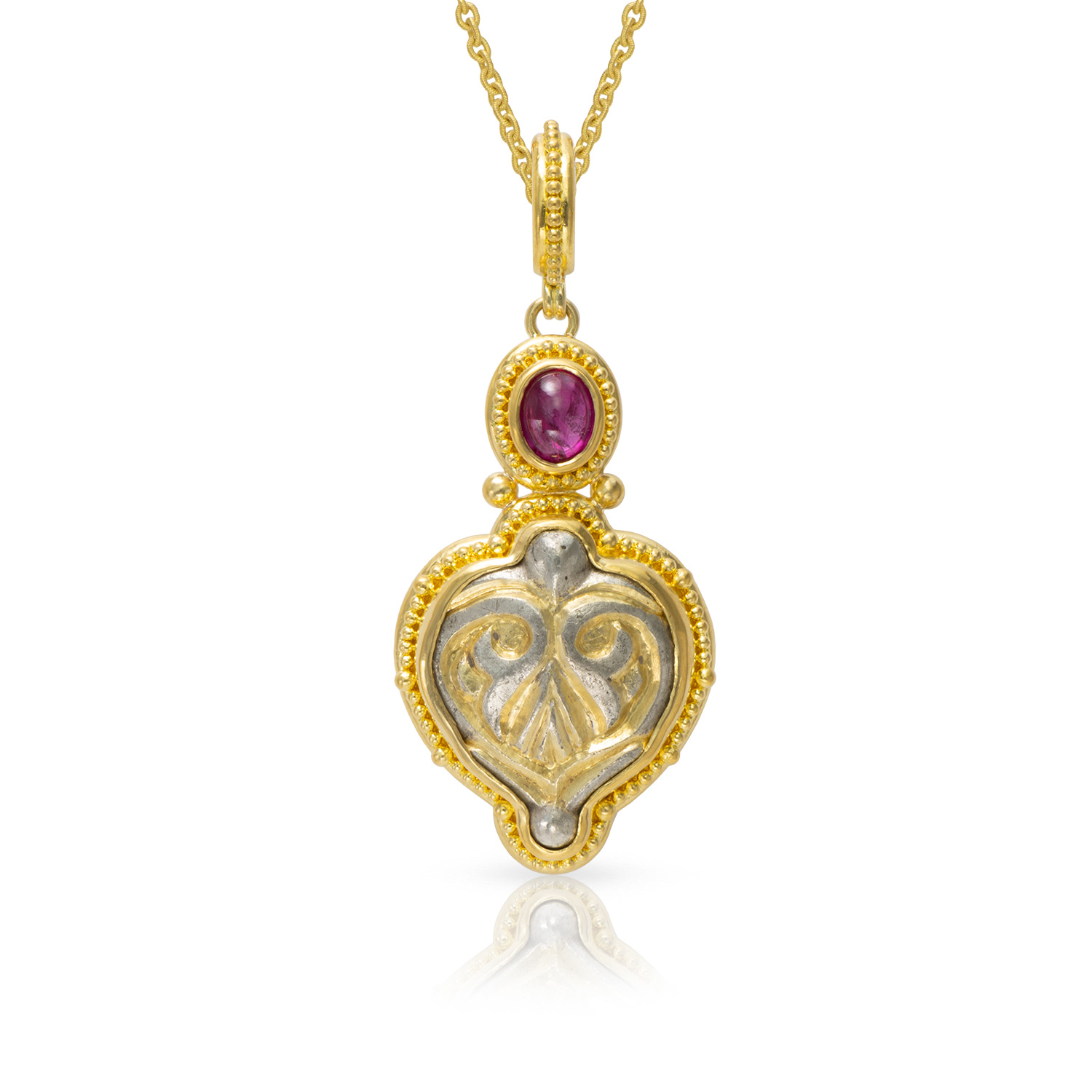 granulation 22kt gold pendant with Medieval artifact and ruby