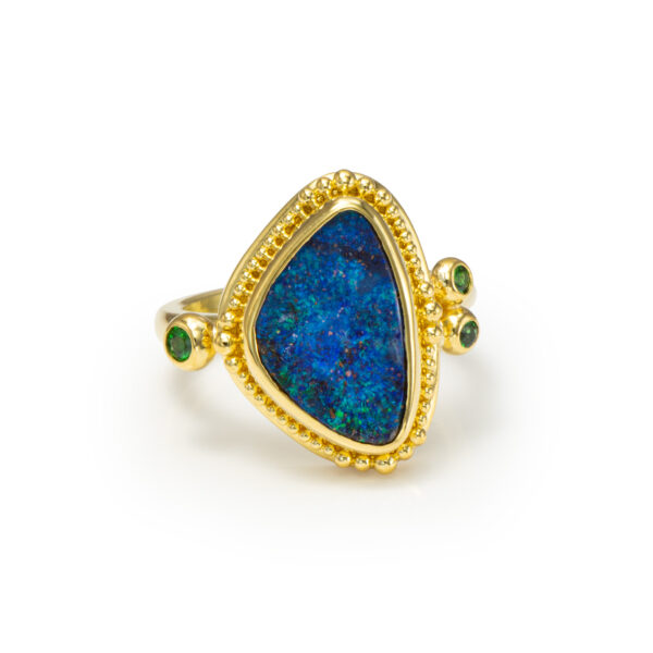 granulation 22kt gold ring with opal and garnet