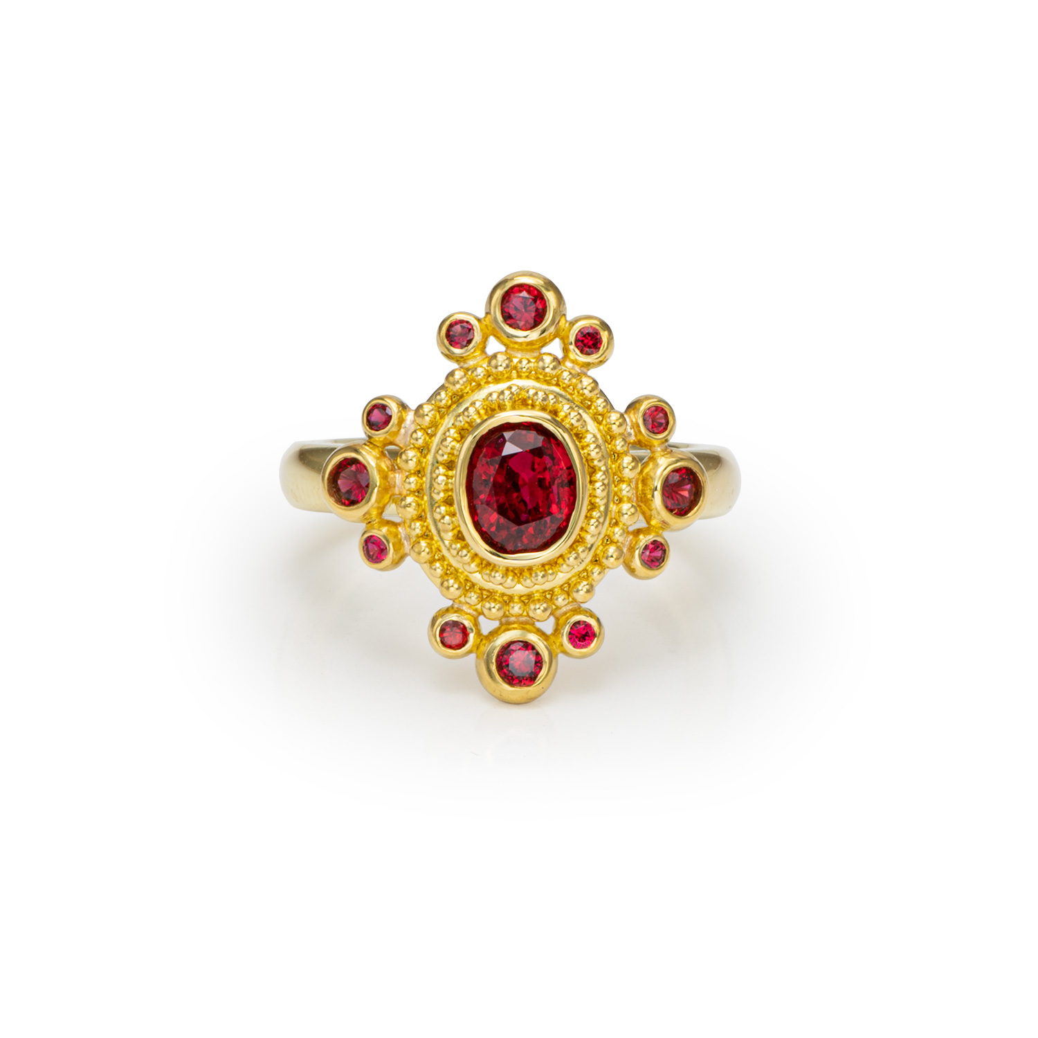 granulation 22kt gold ring with red spinel