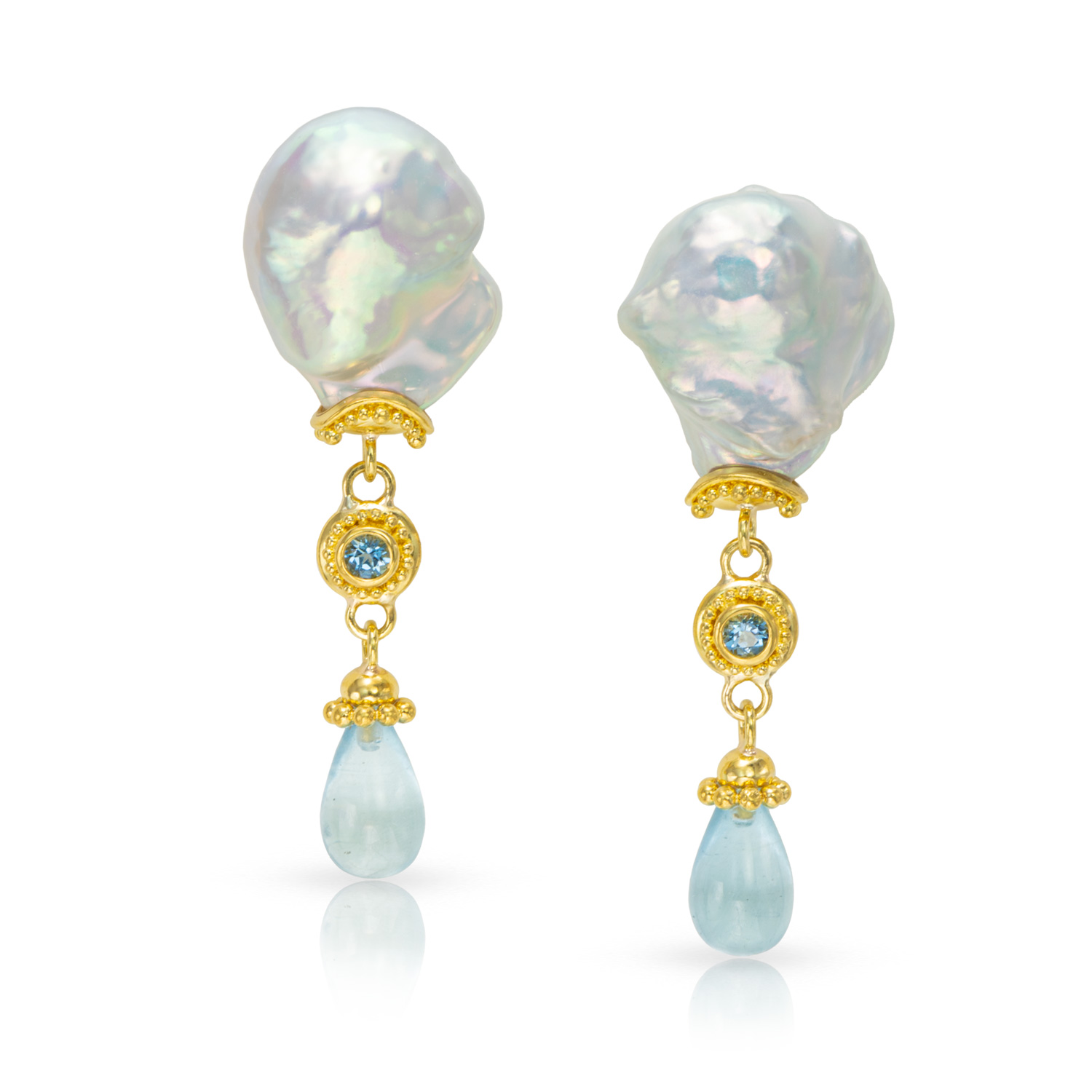granulation 22kt gold pearl aquamarine earrings