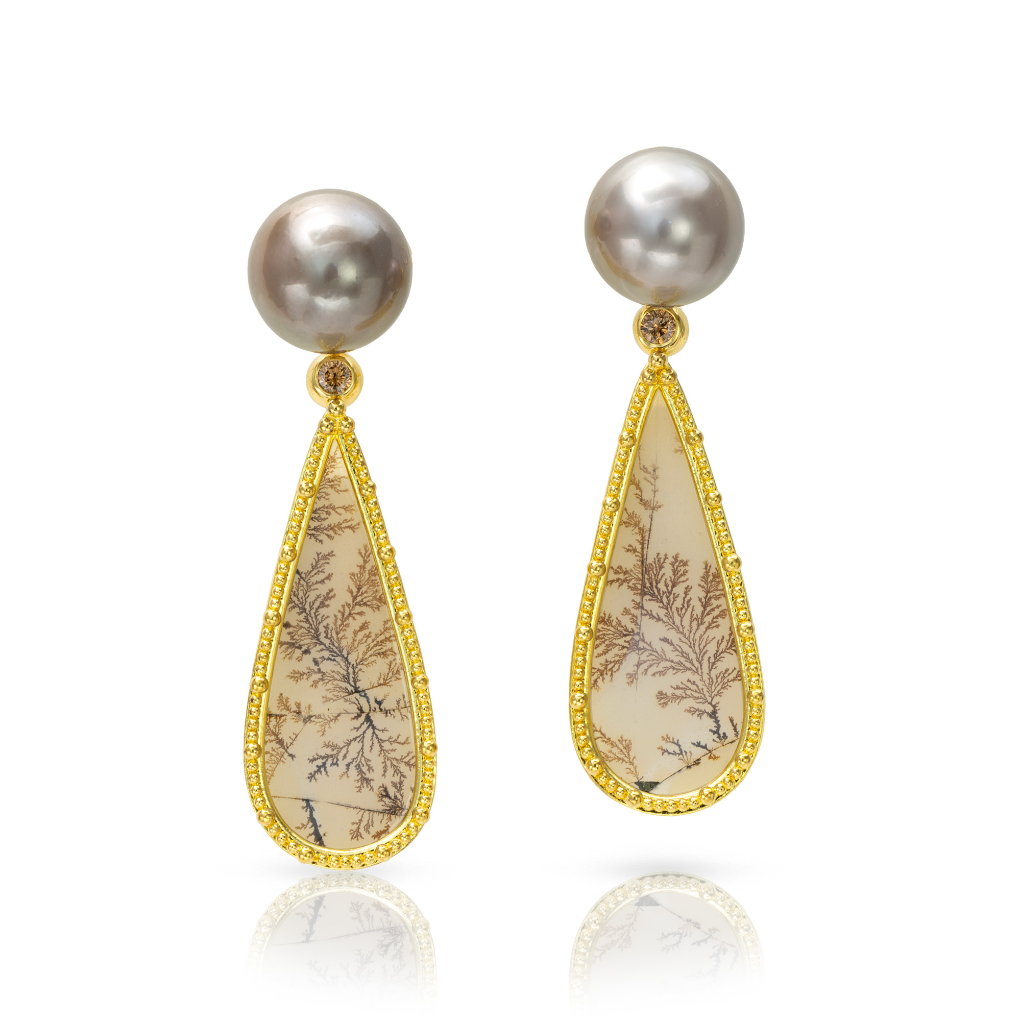 granulation earrings with pearls and dendritic agates